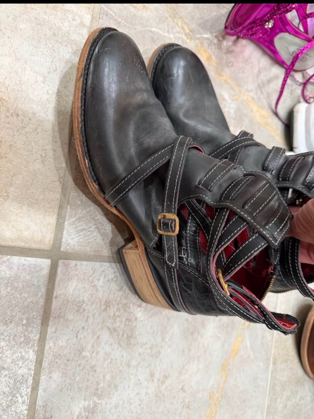 Women’s Black Leather Ankle Booties with Red Accent - Picture 2 of 5